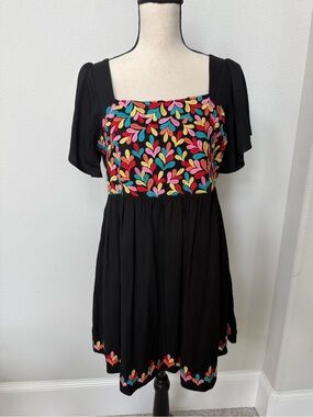 Savanna Jane Black Dress with Multicolor Embroidered Petal Bodice